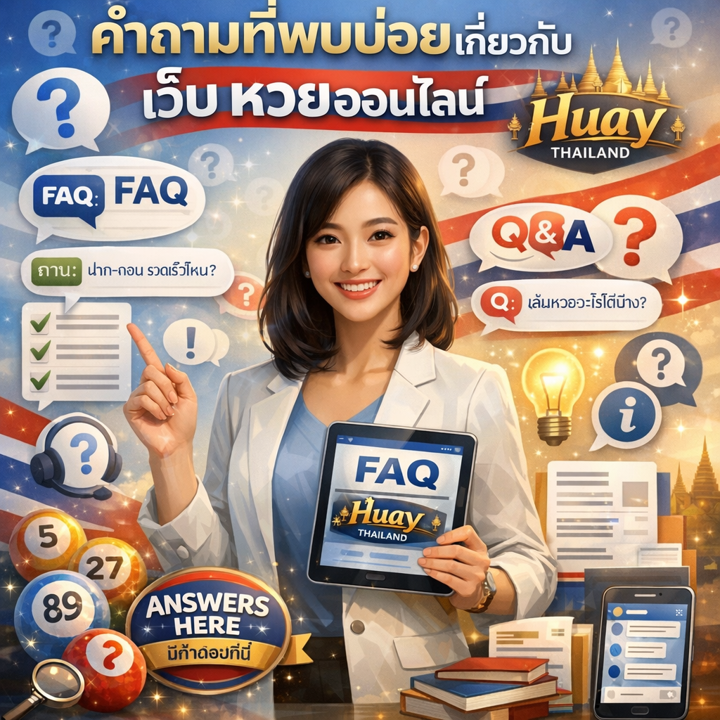 ภาพโปรโมทส่วนคำถามที่พบบ่อยเกี่ยวกับเว็บหวยออนไลน์ Huay Thailand มีผู้หญิงสาวเอเชียสวยยิ้มเป็นมิตรและดูมีความรู้ แต่งกายสมาร์ทแคชชวลหรือบิสซิเนสแคชชวล กำลังทำท่าทางครูหรือผู้ให้ข้อมูลที่ต้อนรับ อาจถือแท็บเล็ตแสดงเนื้อหา FAQ หรือทำท่าทางช่วยเหลือด้วยมือข้างหนึ่งยกขึ้นในลักษณะสอน ดูพร้อมช่วยเหลือและตอบคำถาม พร้อมข้อความภาษาไทย "คำถามที่พบบ่อยเกี่ยวกับ เว็บ หวยออนไลน์" โดดเด่นด้านบน และ "Huay Thailand" รวมอยู่ในการออกแบบพร้อมแบรนด์ มีไอคอนเครื่องหมายคำถามขนาดใหญ่ "?" ในกรอบพูดขนาดต่างๆ ข้อความ "FAQ" แสดงโดดเด่นทั้งภาษาอังกฤษและไทย กรอบการสนทนา Q&A พร้อมข้อความไทย ลูกหวยไทยหลายประเภทพร้อมตัวเลข (แทนหวยรัฐบาล หวยหุ้น ฯลฯ) องค์ประกอบธงไทย (แถบแนวนอนสีแดง ขาว น้ำเงิน) องค์ประกอบวัฒนธรรมไทยเช่นเงาวัดทองหรือสีสันลายไทย ไอคอนข้อมูล "i" ในวงกลม ไอคอนหนังสือหรือคู่มือครบถ้วน หลอดไฟแทนวิธีแก้ปัญหาและคำตอบ เช็คลิสต์พร้อมเครื่องหมายถูกสีเขียวแสดงคำถามที่ตอบแล้ว แว่นขยายหาข้อมูล แท็บเล็ตหรือสมาร์ทโฟนแสดงหน้า FAQ พร้อมแบรนด์ Huay Thailand ไอคอนเอกสารหรือกระดาษพร้อมบรรทัดข้อความที่เป็นระเบียบ สัญลักษณ์หูฟังโต๊ะช่วยเหลือหรือสนับสนุนลูกค้า จำลองอินเทอร์เฟซแชทแสดงการสนทนา ส่วน FAQ สไตล์อคคอร์เดียนที่จัดระเบียบ นิ้วชี้ขึ้นแนะนำเคล็ดลับที่เป็นประโยชน์ ป้าย "มีคำตอบที่นี่" หรือ ANSWERS HERE โลโก้และแบรนด์ Huay Thailand โดดเด่น และเอฟเฟกต์ประกายแสงเชิงมืออาชีพอ่อนๆ สื่อถึงการช่วยเหลือ ความชัดเจน ให้ข้อมูล การจัดระเบียบ ความน่าเชื่อถือ เป็นมิตรต่อผู้ใช้ และเน้น FAQ พร้อมแบรนด์ Huay Thailand ที่เข้มแข็ง ออกแบบด้วยโทนสีฟ้าอ่อน ขาว แดง และทอง บรรยากาศสว่างต้อนรับและการออกแบบข้อมูลที่สะอาดทันสมัย