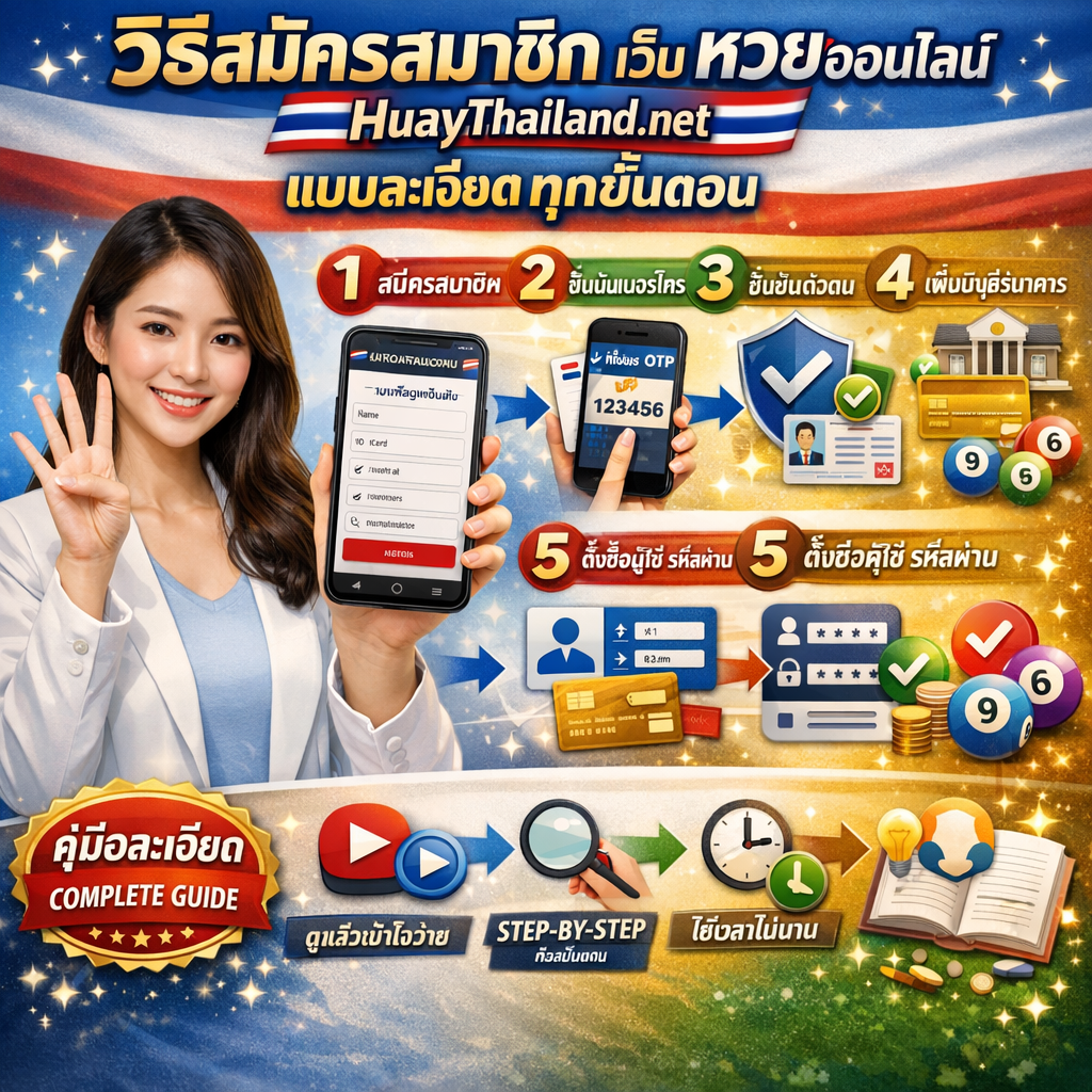 ภาพโปรโมทวิธีสมัครสมาชิกเว็บหวยออนไลน์ Huaythailand.net แบบละเอียดทุกขั้นตอน มีผู้หญิงสาวเอเชียสวยยิ้มอดทนและให้กำลังใจ แต่งกายทันสมัยสไตล์แคชชวลสมาร์ท กำลังทำท่าทางสอนที่เป็นประโยชน์ อาจถือสมาร์ทโฟนแสดงหน้าต่างสมัครสมาชิกหรือทำท่าทางนับขั้นตอนทีละขั้นด้วยนิ้ว ดูเหมือนครูผู้สอนละเอียดนำผู้ใช้ผ่านแต่ละขั้นตอน พร้อมข้อความภาษาไทย "วิธีสมัครสมาชิก เว็บ หวยออนไลน์" โดดเด่นด้านบน "Huaythailand.net" รวมอยู่พร้อมแบรนด์ที่เข้มแข็ง และ "แบบละเอียดทุกขั้นตอน" เน้นขั้นตอนที่ครบถ้วนละเอียด มีองค์ประกอบแสดงขั้นตอนเลขละเอียด (1-2-3-4-5-6) เป็นตัวเลขไทยขนาดใหญ่พร้อมไอคอนครบถ้วนแต่ละขั้น การแบ่งกระบวนการสมัครสมาชิกอย่างละเอียด สมาร์ทโฟนหรือแท็บเล็ตแสดงอินเทอร์เฟซฟอร์มสมัครสมาชิกที่สะอาดพร้อมแบรนด์ Huaythailand.net นิ้วชี้หรือแตะบนหน้าจอ เค้าโครงอินโฟกราฟิกทีละขั้นตอนพร้อมลูกศรเชื่อมต่อ ไอคอนข้อมูลส่วนตัว (ชื่อ บัตรประชาชน เบอร์โทรศัพท์ อีเมล บัญชีธนาคาร) จำลองฟอร์มสมัครแสดงช่องที่ต้องกรอกทั้งหมดพร้อมป้ายไทย "กรอกข้อมูลส่วนตัว" องค์ประกอบธงไทย (แถบสีแดง ขาว น้ำเงิน) ลูกหวยไทยหลายลูก สัญลักษณ์บัตรธนาคารและการยืนยันบัญชี หน้าจอยืนยัน OTP แสดง "ยืนยันตัวตน ผ่าน OTP" เป็นภาษาไทย โทรศัพท์มือถือรับรหัส SMS โล่ความปลอดภัยและเครื่องหมายถูก ไอคอนการสร้างชื่อผู้ใช้และรหัสผ่าน ป้าย "คู่มือละเอียด" หรือ COMPLETE GUIDE แสดงโดดเด่น ไอคอนปุ่มเล่นวิดีโอสอน ไอคอนคู่มือการสอนหรือหนังสือแนะนำโดยละเอียด แว่นขยายแสดงความใส่ใจในรายละเอียด ไอคอนหลอดไฟสำหรับเคล็ดลับที่เป็นประโยชน์แต่ละขั้นตอน เครื่องหมายถูกแสดงความสำเร็จของแต่ละขั้นตอนโดยละเอียด การเน้น "ทีละขั้นตอน" หรือ STEP-BY-STEP สัญลักษณ์เหมาะสำหรับมือใหม่ นาฬิกาแสดงเวลาประมาณการแต่ละขั้นตอน โลโก้และแบรนด์ Huaythailand.net โดดเด่นตลอดทั้งภาพ และเอฟเฟกต์ประกายแสงเชิงการศึกษา สื่อถึงความครบถ้วน ละเอียด เน้นทีละขั้นตอน การสอน ละเอียดถี่ถ้วน เหมาะสำหรับมือใหม่ และมุ่งเน้นการสอนพร้อมแบรนด์ Huaythailand.net ที่เข้มแข็ง ออกแบบด้วยโทนสีฟ้าสดใส ขาว แดง เขียว และทอง บรรยากาศการศึกษาที่สว่างอดทนและการออกแบบสอนละเอียดแบบทันสมัย