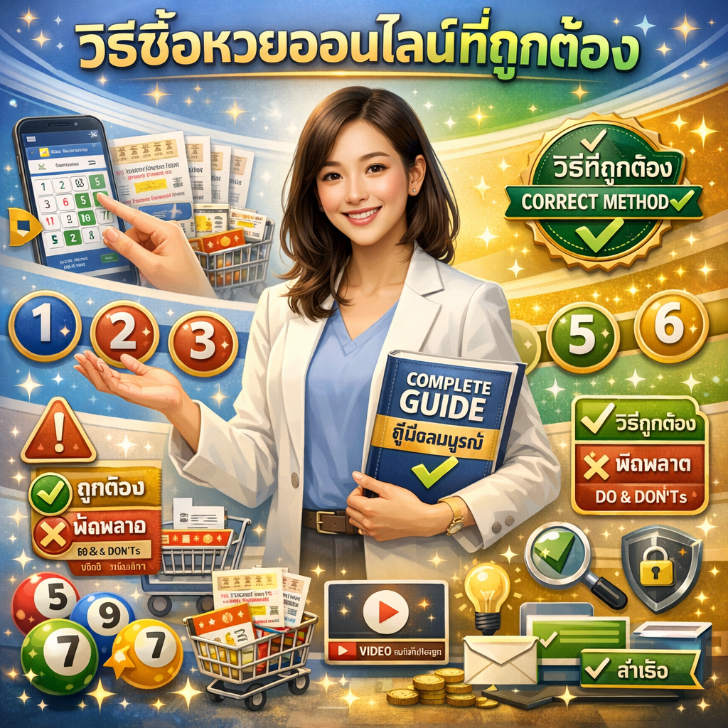 ภาพโปรโมทวิธีซื้อหวยออนไลน์ที่ถูกต้องพร้อมคู่มือสมบูรณ์สำหรับมือใหม่ มีผู้หญิงสาวเอเชียสวยยิ้มให้กำลังใจและอดทน แต่งกายทันสมัยสไตล์แคชชวลสมาร์ท กำลังทำท่าทางครูผู้สอนที่เป็นประโยชน์ อาจถือหนังสือคู่มือหรือแท็บเล็ตแสดงคำแนะนำการเดิมพัน หรือทำท่าทางสร้างความมั่นใจด้วยมือทั้งสอง ดูเหมือนพี่เลี้ยงที่ให้การสนับสนุนสำหรับมือใหม่ พร้อมข้อความภาษาไทย "วิธีซื้อหวยออนไลน์ที่ถูกต้อง" โดดเด่นด้านบนเน้นคำว่า "ที่ถูกต้อง" และ "คู่มือสมบูรณ์สำหรับมือใหม่" ด้านล่างเน้นคู่มือครบถ้วนสำหรับมือใหม่ มีป้าย "คู่มือสมบูรณ์" หรือ COMPLETE GUIDE แสดงโดดเด่น ป้าย "สำหรับมือใหม่" หรือ FOR BEGINNERS พร้อมไอคอนมือใหม่ (ต้นกล้าหรือสัญลักษณ์ผู้เรียน) กระบวนการทีละขั้นตอนเลข (1-2-3-4-5-6) เป็นตัวเลขไทยขนาดใหญ่ ตรา "วิธีที่ถูกต้อง" หรือ CORRECT METHOD พร้อมเครื่องหมายถูก ไอคอนหนังสือคู่มือหรือคู่มือเปิด ลูกหวยไทยและใบหวยหลายประเภท สมาร์ทโฟนหรือแท็บเล็ตแสดงอินเทอร์เฟซการเดิมพันที่ถูกต้อง นิ้วเลือกหมายเลขอย่างถูกต้องบนหน้าจอ ไอคอนตะกร้าสินค้าพร้อมการเลือกหวย ไอคอนเปรียบเทียบถูกและผิดแสดงวิธีที่ถูกต้อง เครื่องหมายถูกสำหรับขั้นตอนที่ถูกต้องและเครื่องหมาย X สำหรับวิธีผิดที่ต้องหลีกเลี่ยง ปุ่มเล่นวิดีโอสอน เค้าโครงสไตล์อินโฟกราฟิกแสดงกระบวนการครบถ้วน ไอคอนหลอดไฟสำหรับเคล็ดลับสำคัญ สัญลักษณ์คำเตือนหรือข้อควรระวังสำหรับข้อผิดพลาดทั่วไป ส่วน "ควรทำ และไม่ควรทำ" เป็นภาษาไทย แว่นขยายแสดงความใส่ใจในรายละเอียด จำลองอินเทอร์เฟซที่เหมาะสำหรับมือใหม่ ลูกศรไหลทีละขั้นตอน ไอคอนการเรียนรู้หรือการศึกษา (หมวกนักศึกษา หนังสือ) โล่ความปลอดภัยและความมั่นคงแสดงการเดิมพันที่ปลอดภัยถูกต้อง ไอคอนวิธีการชำระเงินทำอย่างถูกต้อง หน้าจอยืนยันแสดงการซื้อที่สำเร็จ ป้าย "สำเร็จ" หรือ SUCCESS องค์ประกอบวัฒนธรรมไทยรวมอย่างละเอียดอ่อน และเอฟเฟกต์ประกายแสงให้กำลังใจ สื่อถึงความครบถ้วน มุ่งเน้นมือใหม่ การสอน มุ่งเน้นวิธีที่ถูกต้อง ความสวยงามของคู่มือสมบูรณ์ ให้กำลังใจ และการศึกษาพร้อมลำดับชั้นภาพที่ชัดเจน ออกแบบด้วยโทนสีฟ้าอ่อน ขาว เขียวอ่อน และทอง บรรยากาศการเรียนรู้ที่สว่างให้การสนับสนุนและการออกแบบสอนครบถ้วนแบบทันสมัย