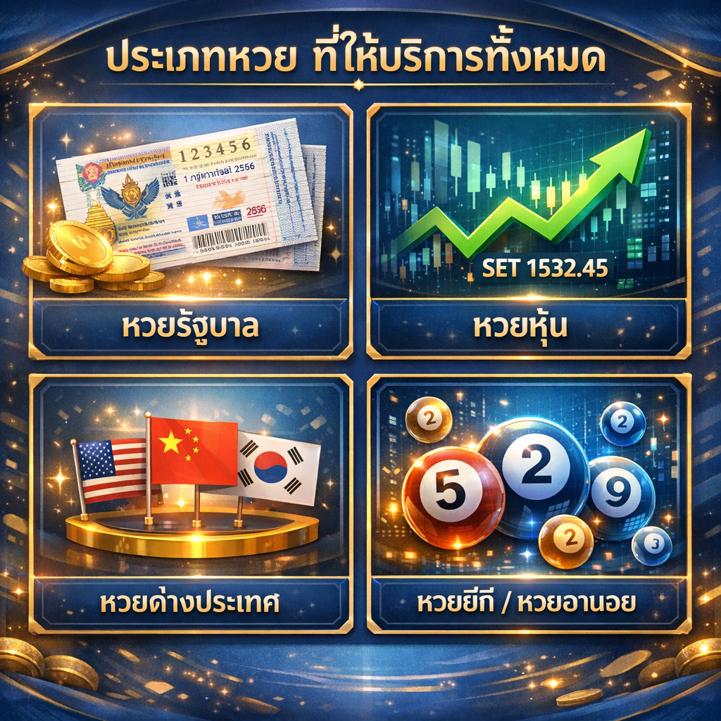 ภาพกราฟิกแสดงประเภทหวยทั้งหมดที่ให้บริการบนเว็บไซต์ huaythailand.net มีไอคอนหวยรัฐบาลไทย หวยหุ้น และหวยต่างประเทศ จัดวางอย่างเป็นระเบียบในสไตล์ทันสมัย ดูน่าเชื่อถือ